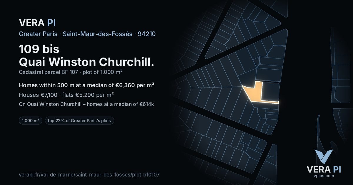 109 bis Quai Winston Churchill, Saint-Maur-des-Fossés at night – the plot lit, the parcels around coloured by the prices near them