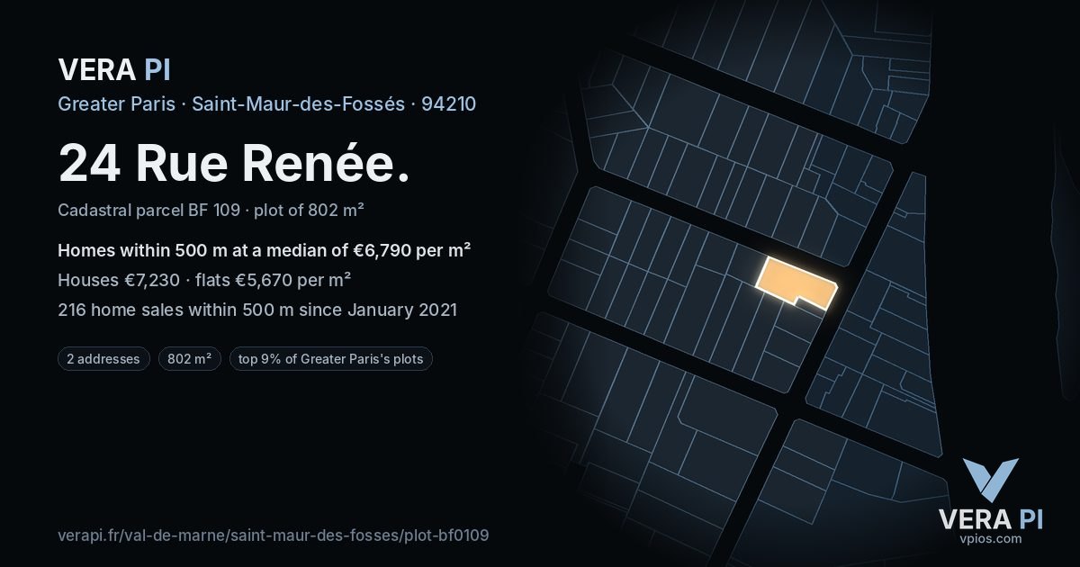24 Rue Renée, Saint-Maur-des-Fossés at night – the plot lit, the parcels around coloured by the prices near them