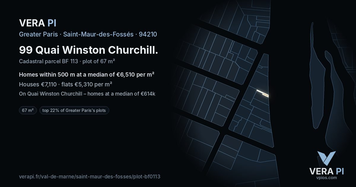 99 Quai Winston Churchill, Saint-Maur-des-Fossés at night – the plot lit, the parcels around coloured by the prices near them