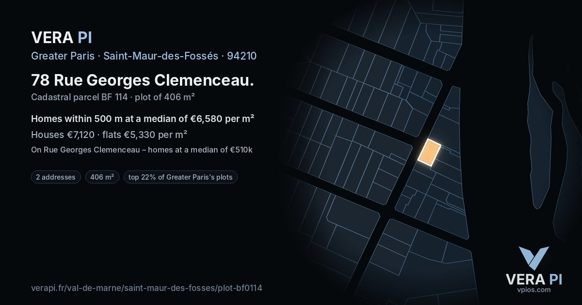 78 Rue Georges Clemenceau, Saint-Maur-des-Fossés at night – the plot lit, the parcels around coloured by the prices near them