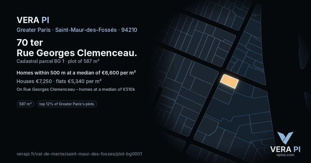 70 ter Rue Georges Clemenceau, Saint-Maur-des-Fossés at night – the plot lit, the parcels around coloured by the prices near them