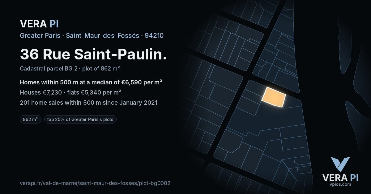 36 Rue Saint-Paulin, Saint-Maur-des-Fossés at night – the plot lit, the parcels around coloured by the prices near them