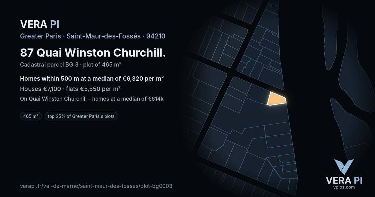 87 Quai Winston Churchill, Saint-Maur-des-Fossés at night – the plot lit, the parcels around coloured by the prices near them
