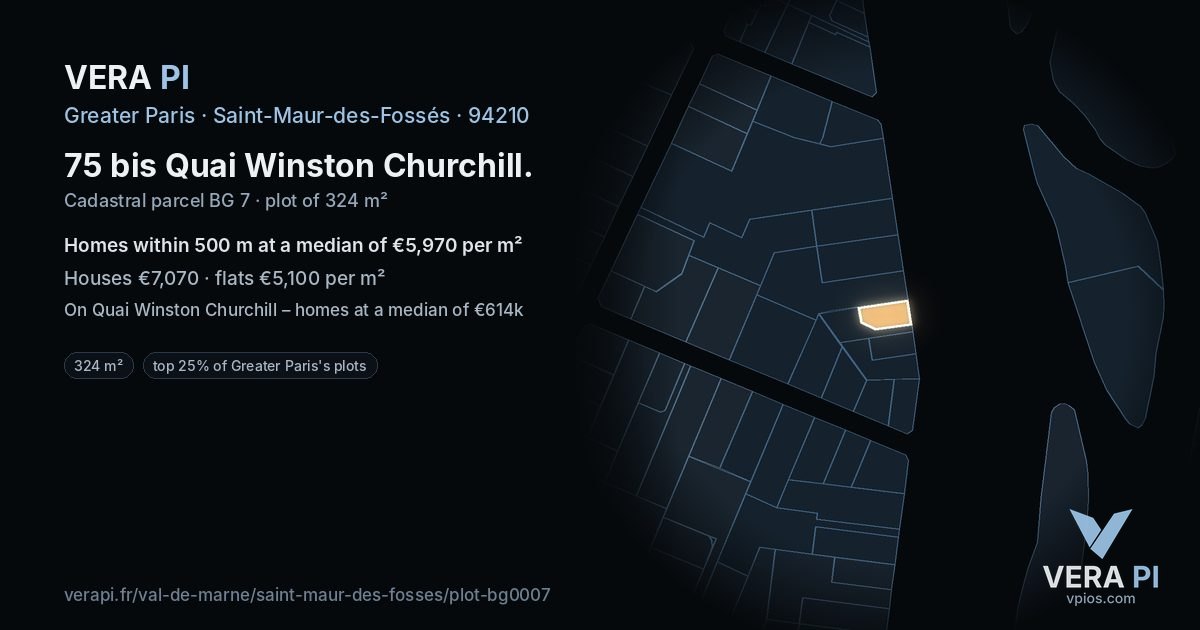 75 bis Quai Winston Churchill, Saint-Maur-des-Fossés at night – the plot lit, the parcels around coloured by the prices near them