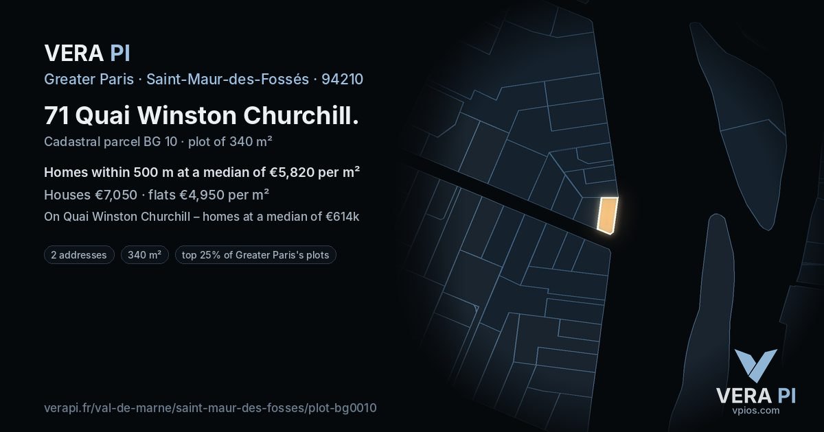 71 Quai Winston Churchill, Saint-Maur-des-Fossés at night – the plot lit, the parcels around coloured by the prices near them