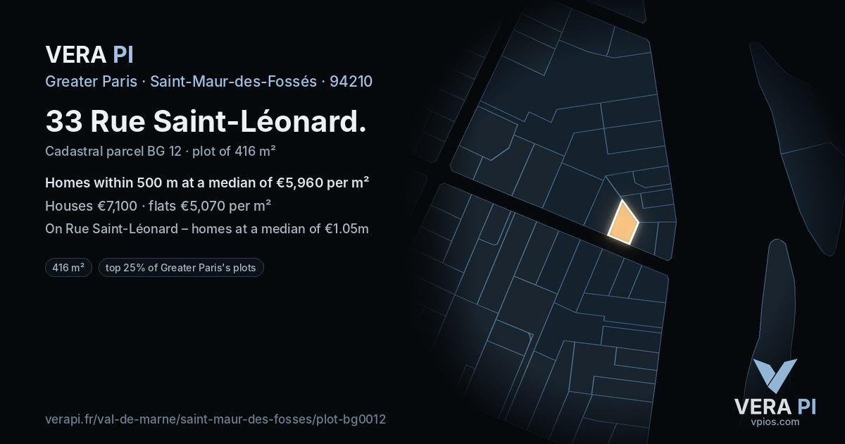 33 Rue Saint-Léonard, Saint-Maur-des-Fossés at night – the plot lit, the parcels around coloured by the prices near them