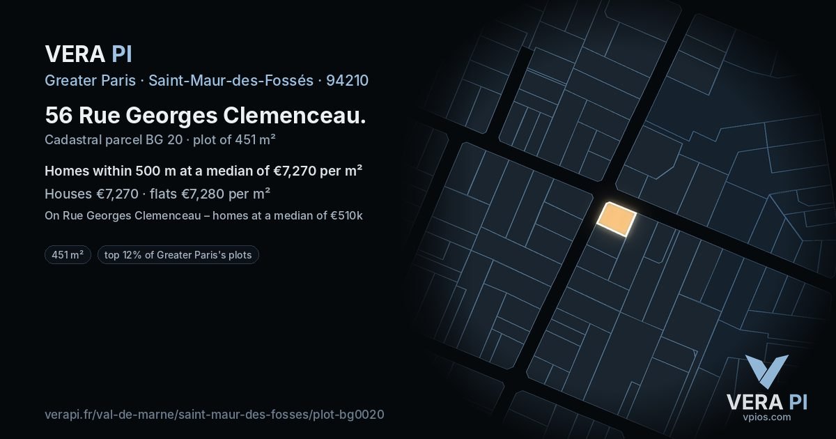 56 Rue Georges Clemenceau, Saint-Maur-des-Fossés at night – the plot lit, the parcels around coloured by the prices near them