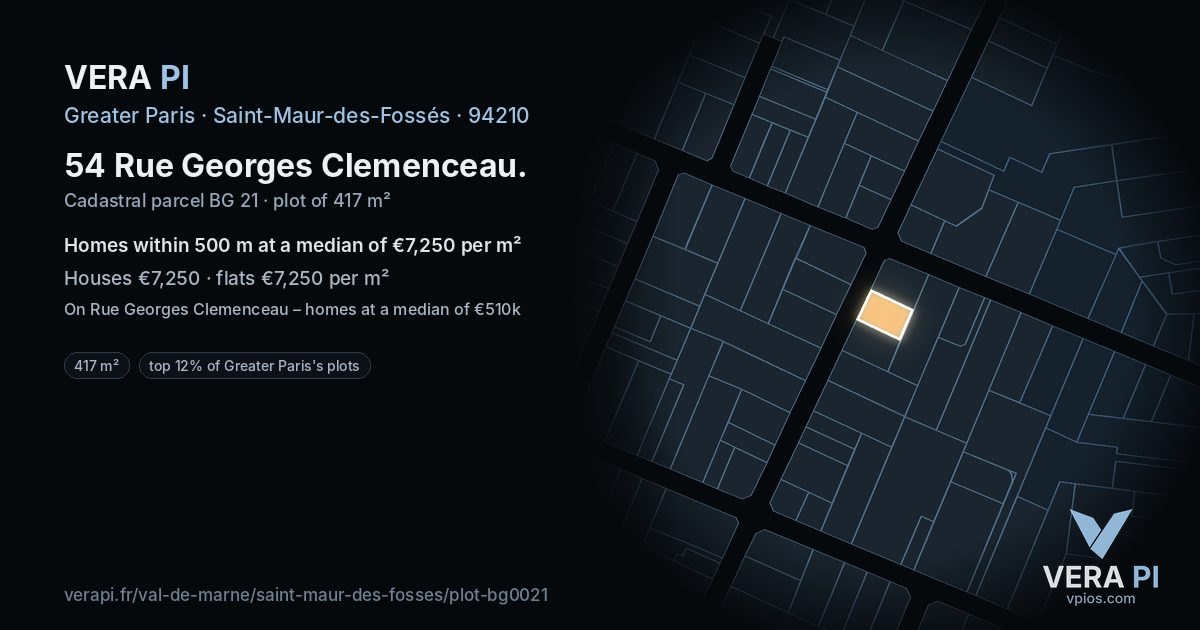 54 Rue Georges Clemenceau, Saint-Maur-des-Fossés at night – the plot lit, the parcels around coloured by the prices near them