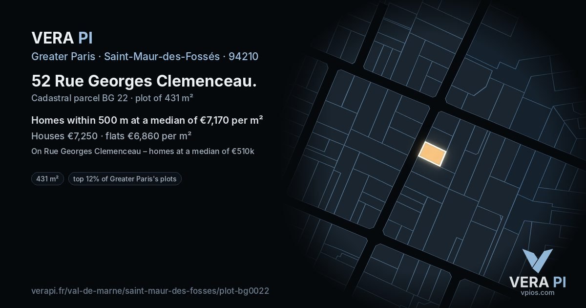 52 Rue Georges Clemenceau, Saint-Maur-des-Fossés at night – the plot lit, the parcels around coloured by the prices near them
