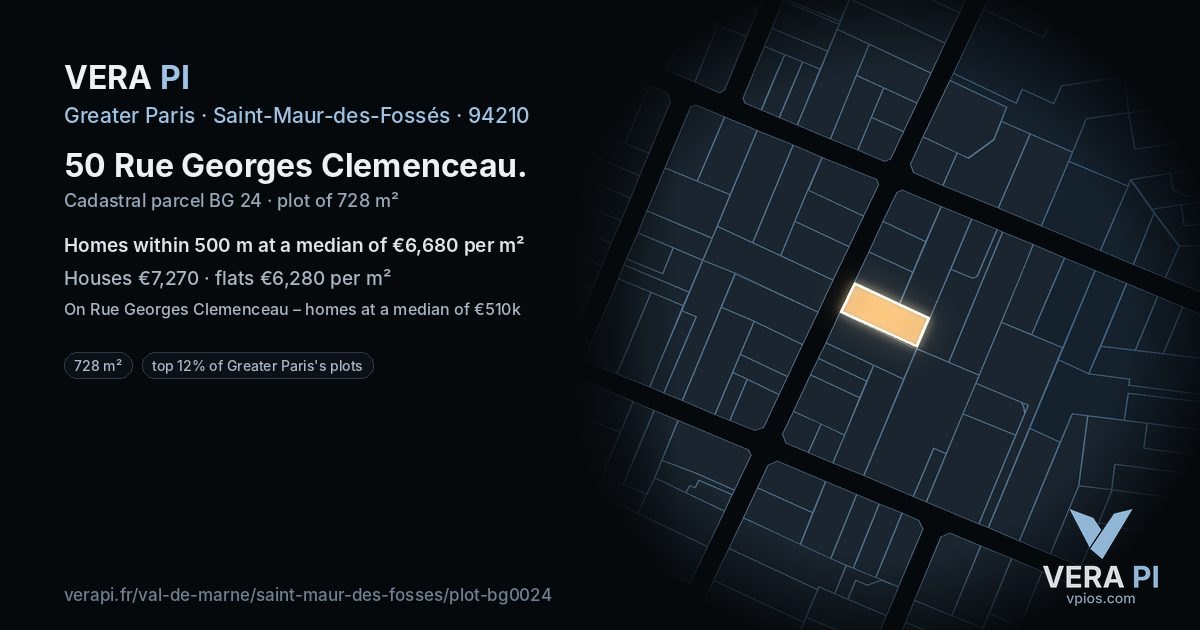 50 Rue Georges Clemenceau, Saint-Maur-des-Fossés at night – the plot lit, the parcels around coloured by the prices near them