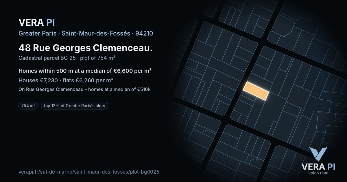 48 Rue Georges Clemenceau, Saint-Maur-des-Fossés at night – the plot lit, the parcels around coloured by the prices near them