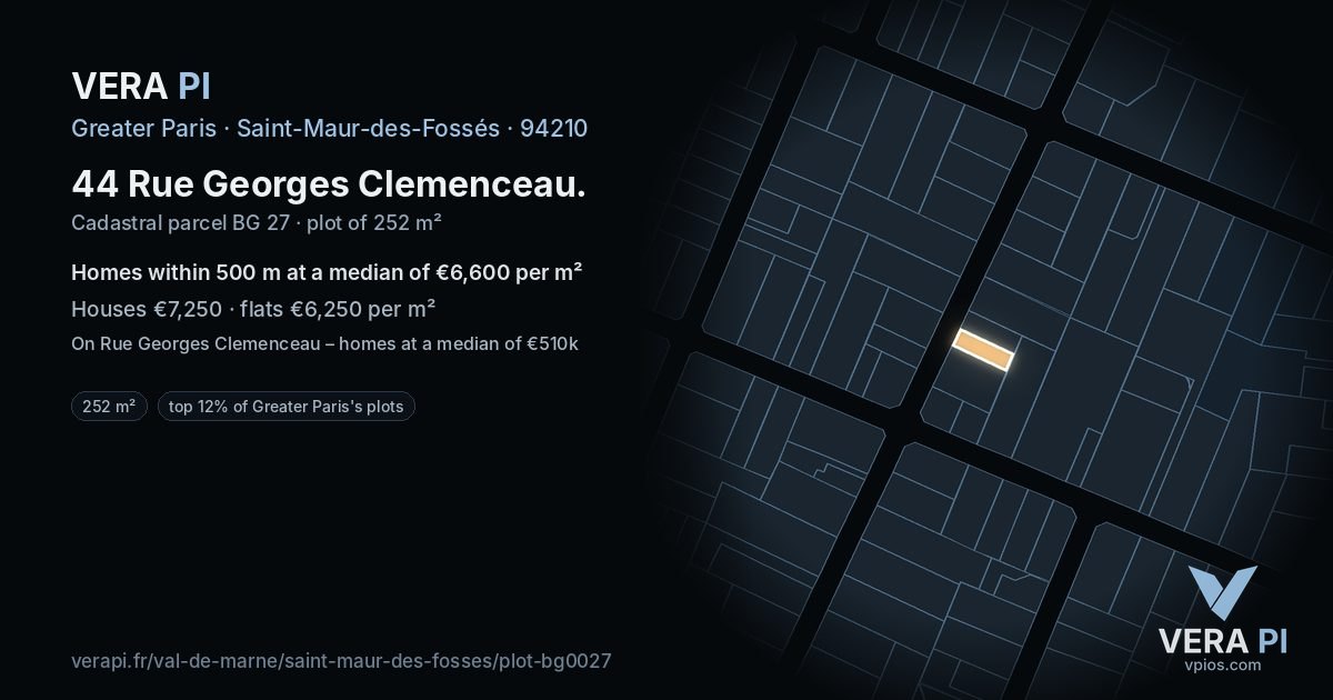 44 Rue Georges Clemenceau, Saint-Maur-des-Fossés at night – the plot lit, the parcels around coloured by the prices near them