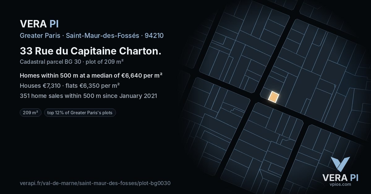 33 Rue du Capitaine Charton, Saint-Maur-des-Fossés at night – the plot lit, the parcels around coloured by the prices near them