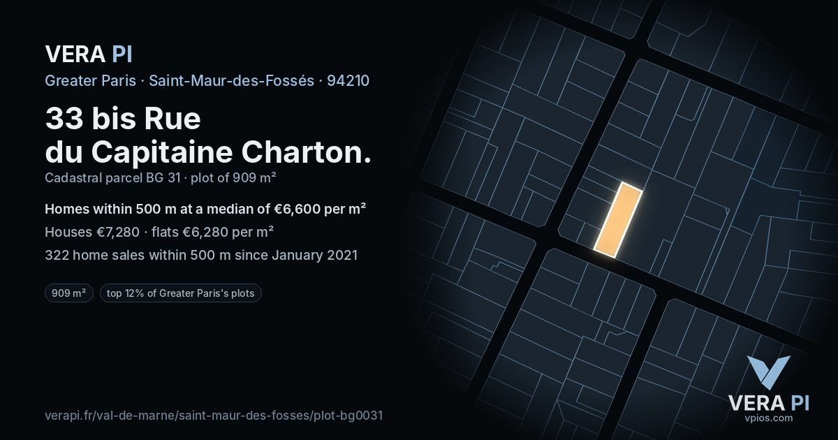 33 bis Rue du Capitaine Charton, Saint-Maur-des-Fossés at night – the plot lit, the parcels around coloured by the prices near them