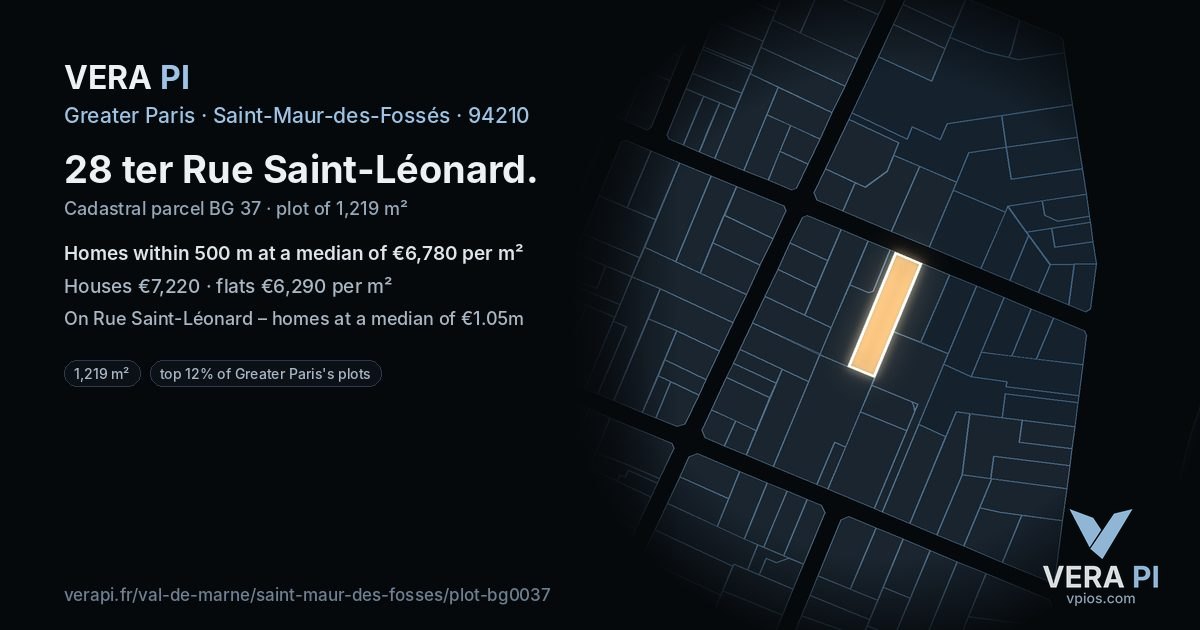 28 ter Rue Saint-Léonard, Saint-Maur-des-Fossés at night – the plot lit, the parcels around coloured by the prices near them