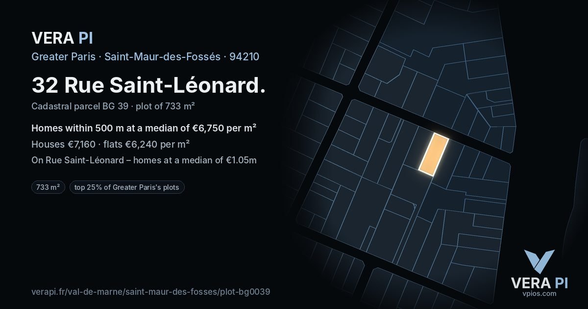 32 Rue Saint-Léonard, Saint-Maur-des-Fossés at night – the plot lit, the parcels around coloured by the prices near them