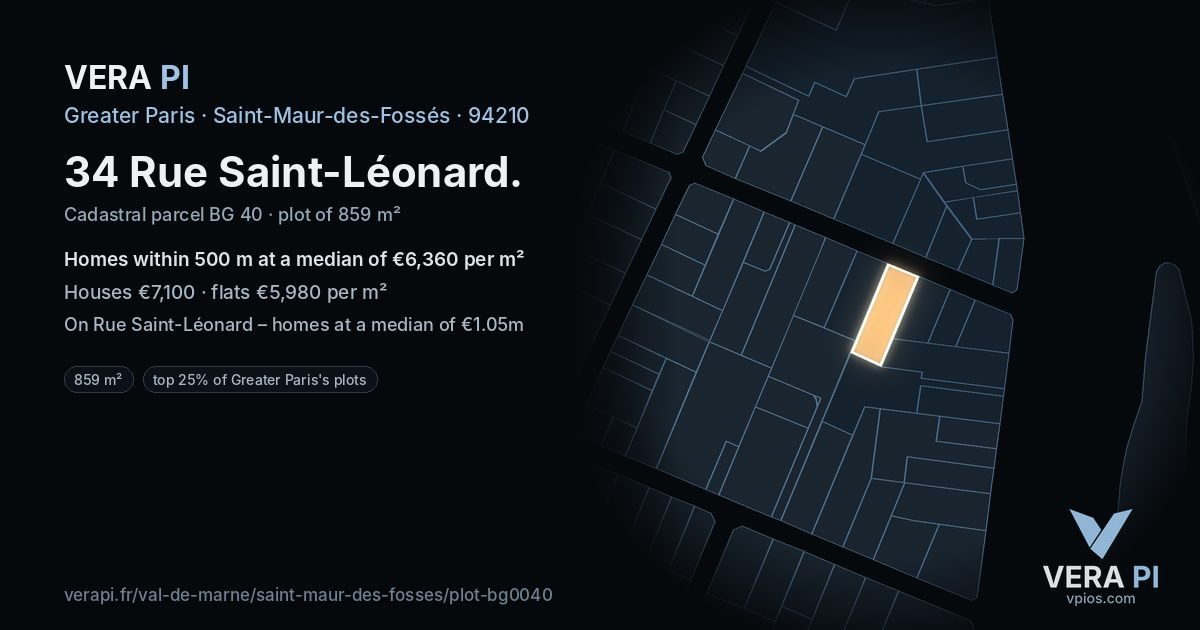 34 Rue Saint-Léonard, Saint-Maur-des-Fossés at night – the plot lit, the parcels around coloured by the prices near them