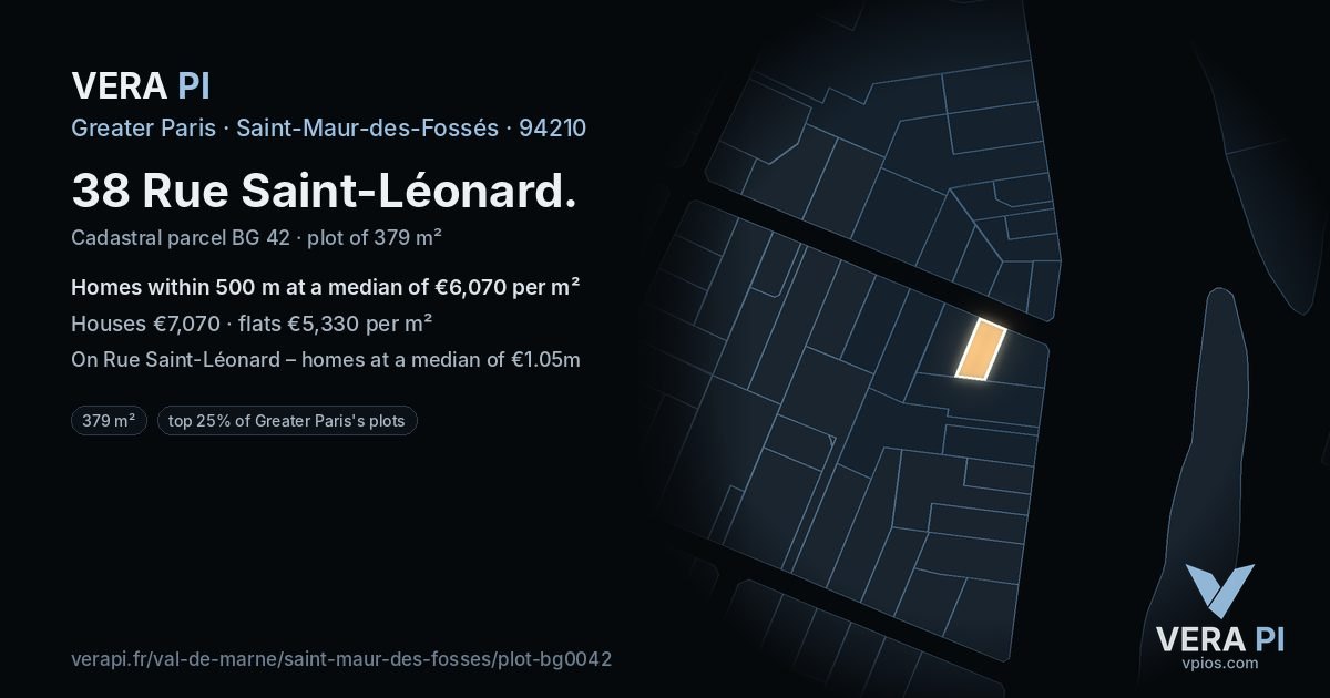 38 Rue Saint-Léonard, Saint-Maur-des-Fossés at night – the plot lit, the parcels around coloured by the prices near them