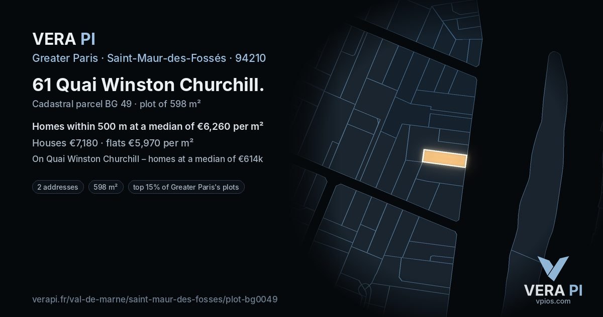 61 Quai Winston Churchill, Saint-Maur-des-Fossés at night – the plot lit, the parcels around coloured by the prices near them