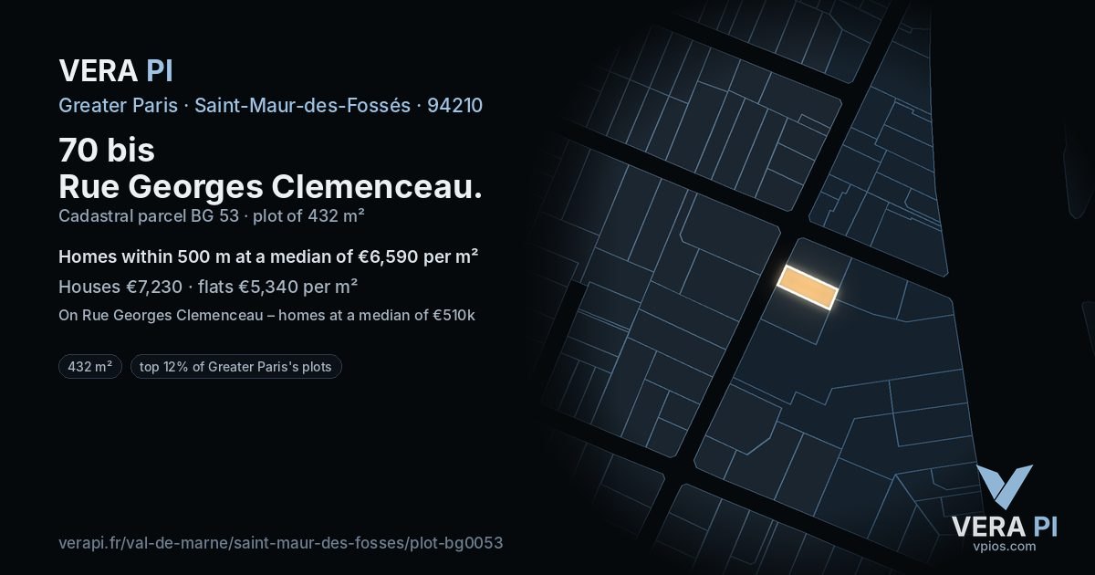 70 bis Rue Georges Clemenceau, Saint-Maur-des-Fossés at night – the plot lit, the parcels around coloured by the prices near them