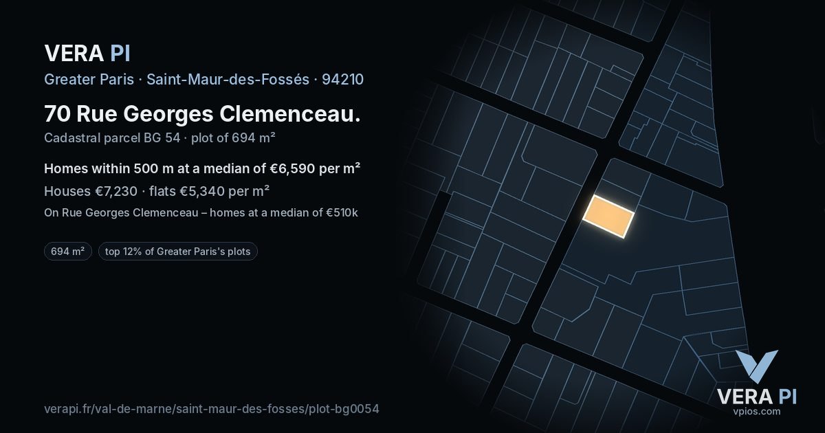 70 Rue Georges Clemenceau, Saint-Maur-des-Fossés at night – the plot lit, the parcels around coloured by the prices near them