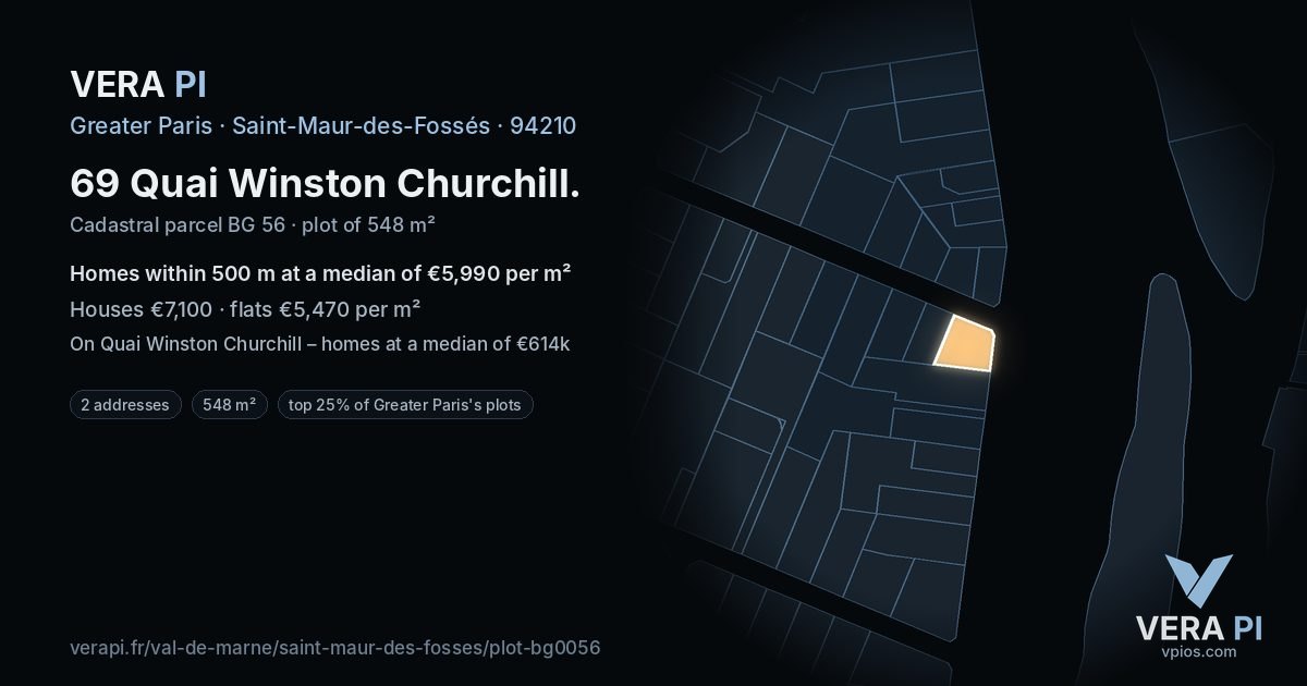 69 Quai Winston Churchill, Saint-Maur-des-Fossés at night – the plot lit, the parcels around coloured by the prices near them