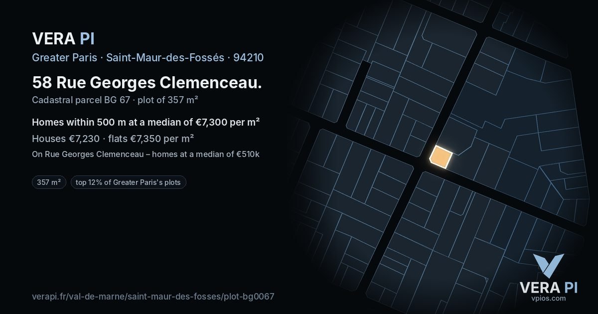 58 Rue Georges Clemenceau, Saint-Maur-des-Fossés at night – the plot lit, the parcels around coloured by the prices near them