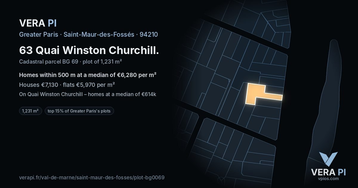 63 Quai Winston Churchill, Saint-Maur-des-Fossés at night – the plot lit, the parcels around coloured by the prices near them