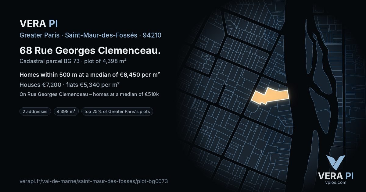 68 Rue Georges Clemenceau, Saint-Maur-des-Fossés at night – the plot lit, the parcels around coloured by the prices near them