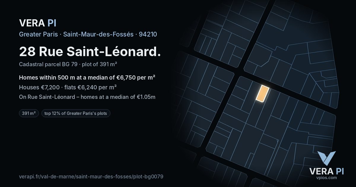 28 Rue Saint-Léonard, Saint-Maur-des-Fossés at night – the plot lit, the parcels around coloured by the prices near them
