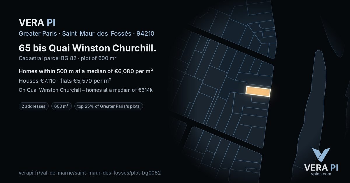 65 bis Quai Winston Churchill, Saint-Maur-des-Fossés at night – the plot lit, the parcels around coloured by the prices near them