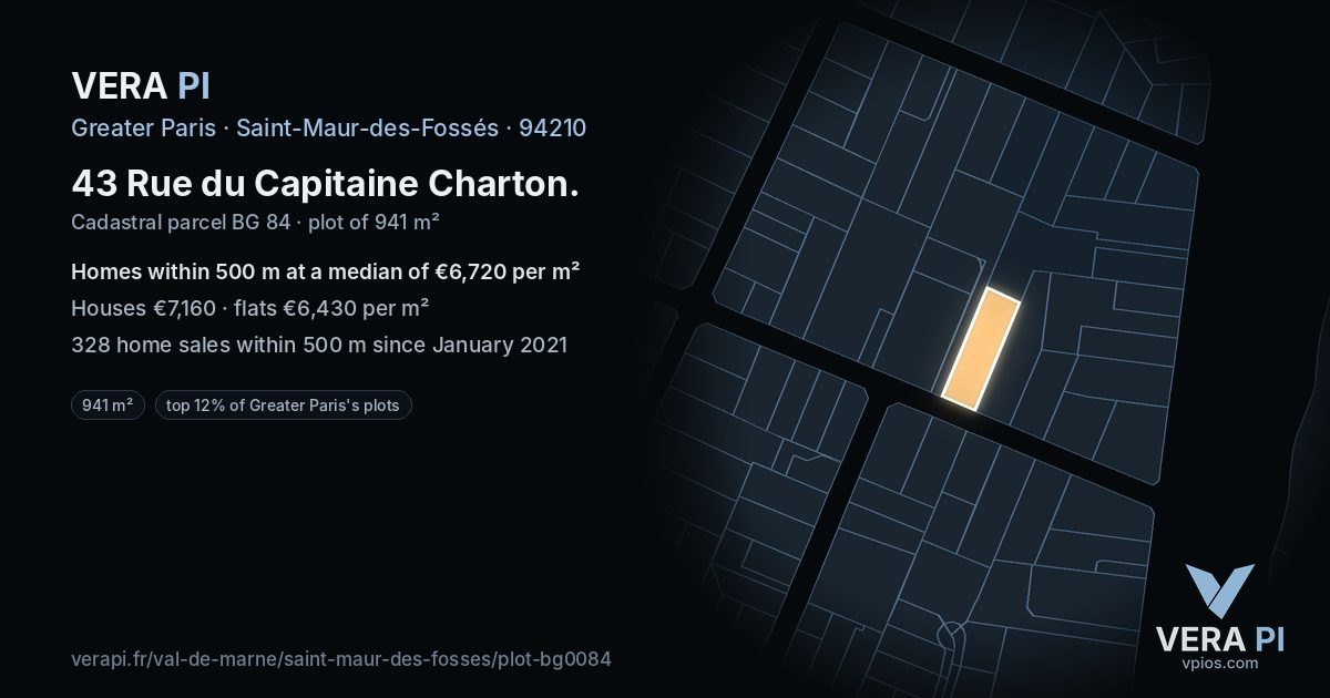43 Rue du Capitaine Charton, Saint-Maur-des-Fossés at night – the plot lit, the parcels around coloured by the prices near them