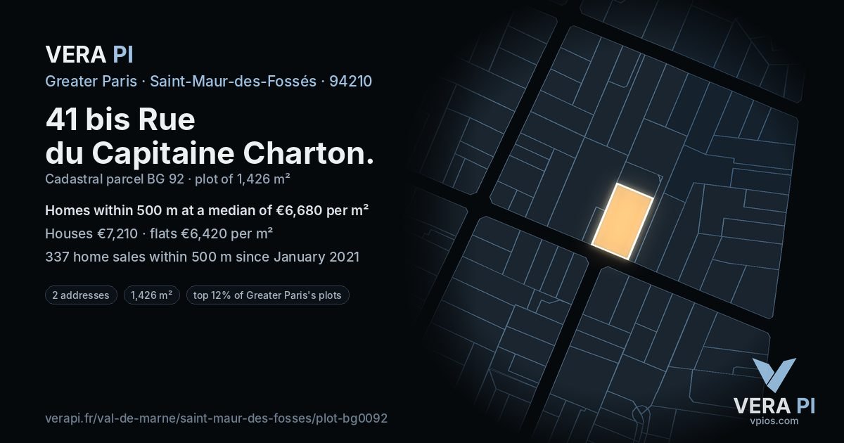 41 bis Rue du Capitaine Charton, Saint-Maur-des-Fossés at night – the plot lit, the parcels around coloured by the prices near them