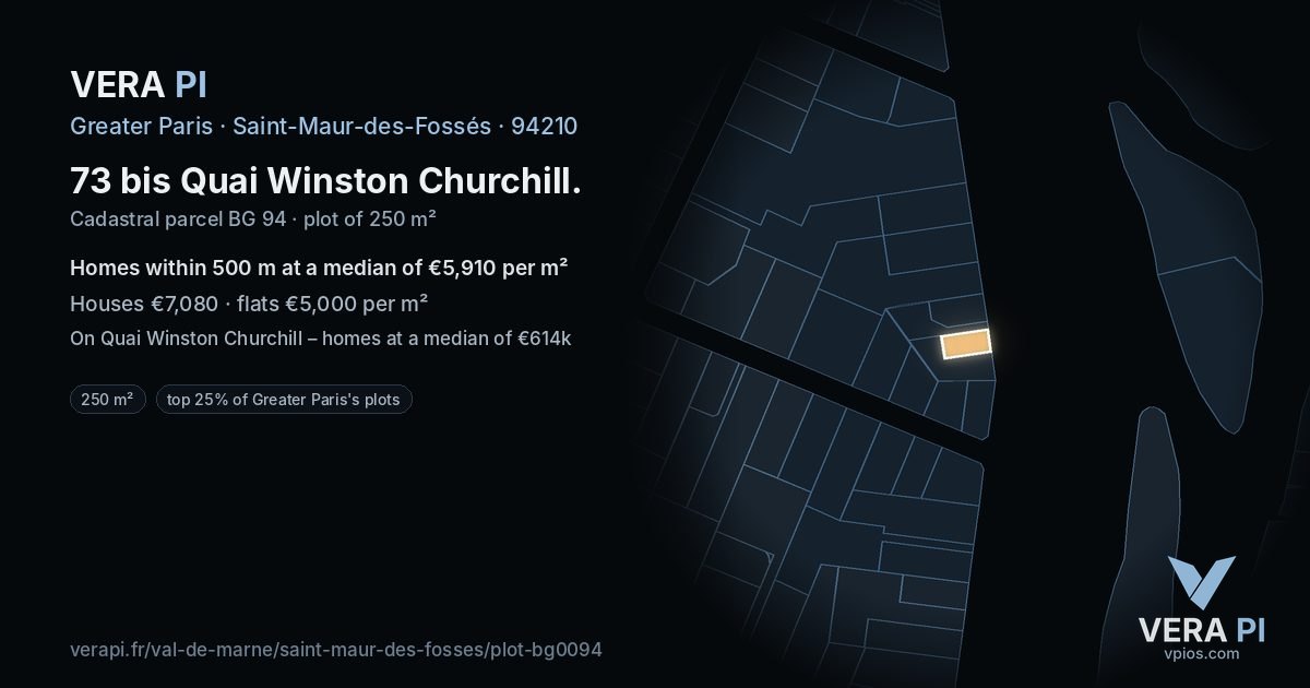 73 bis Quai Winston Churchill, Saint-Maur-des-Fossés at night – the plot lit, the parcels around coloured by the prices near them