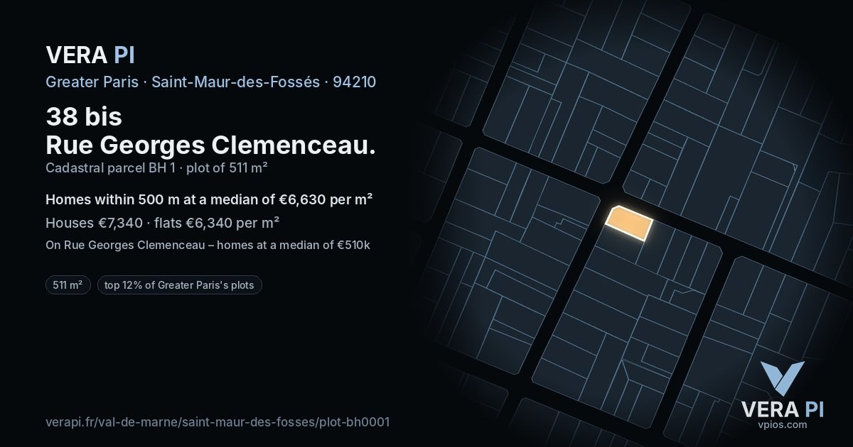 38 bis Rue Georges Clemenceau, Saint-Maur-des-Fossés at night – the plot lit, the parcels around coloured by the prices near them