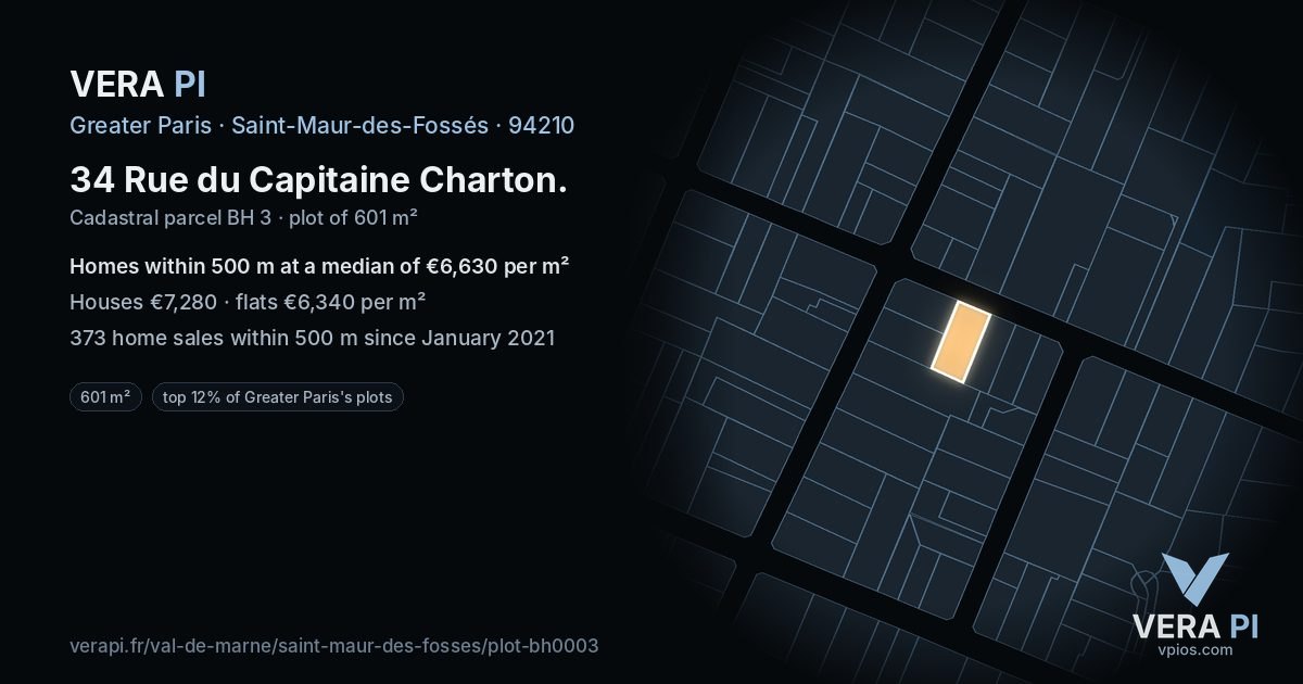 34 Rue du Capitaine Charton, Saint-Maur-des-Fossés at night – the plot lit, the parcels around coloured by the prices near them