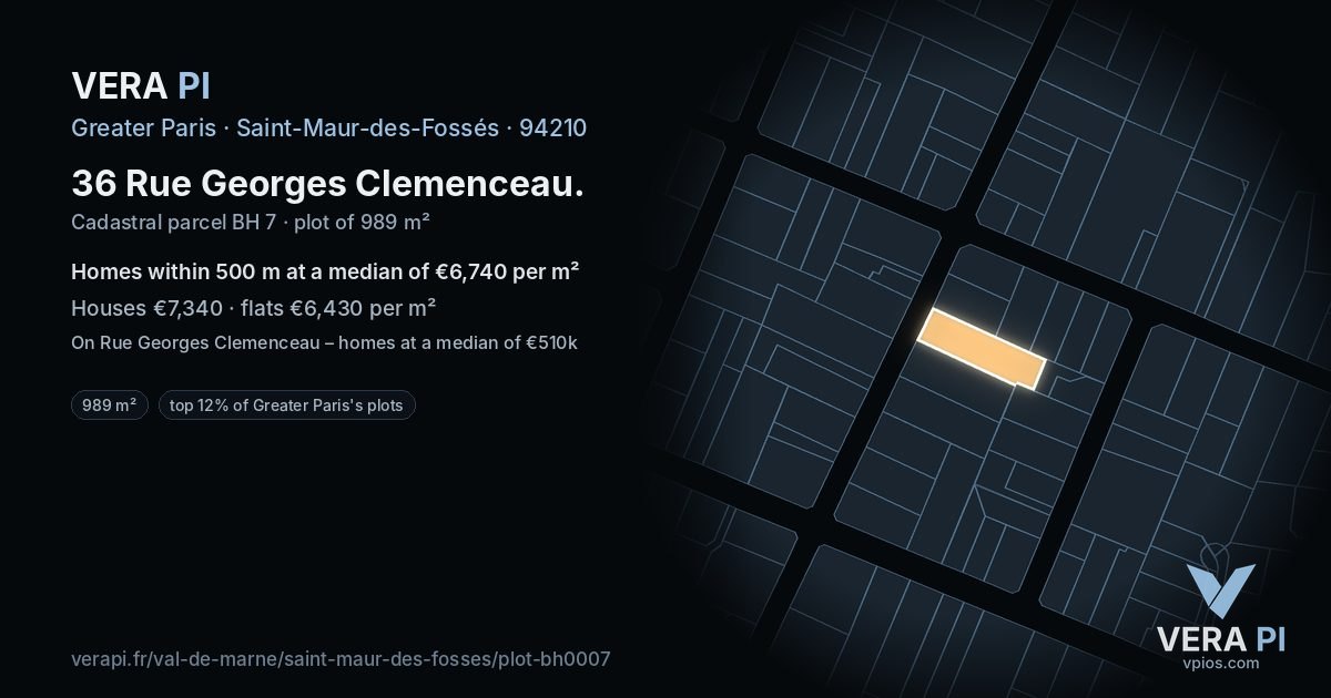 36 Rue Georges Clemenceau, Saint-Maur-des-Fossés at night – the plot lit, the parcels around coloured by the prices near them