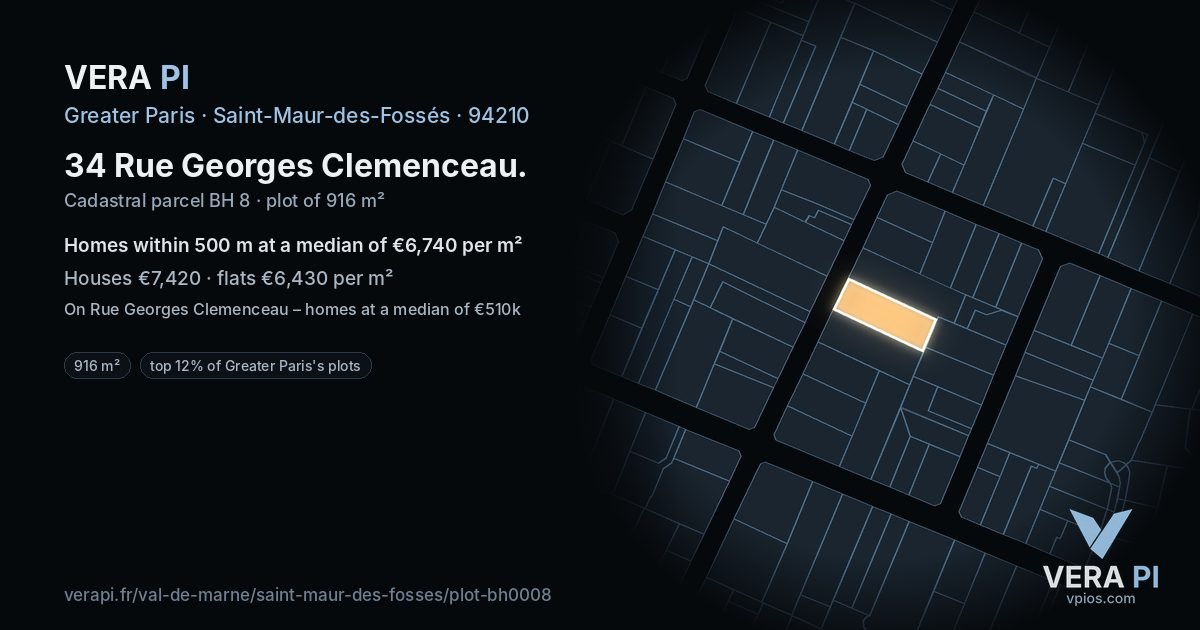 34 Rue Georges Clemenceau, Saint-Maur-des-Fossés at night – the plot lit, the parcels around coloured by the prices near them