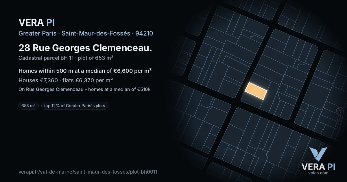 28 Rue Georges Clemenceau, Saint-Maur-des-Fossés at night – the plot lit, the parcels around coloured by the prices near them