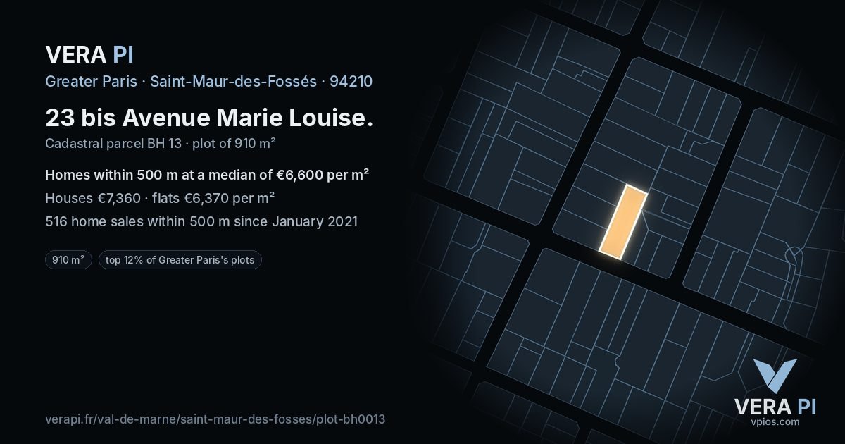 23 bis Avenue Marie Louise, Saint-Maur-des-Fossés at night – the plot lit, the parcels around coloured by the prices near them
