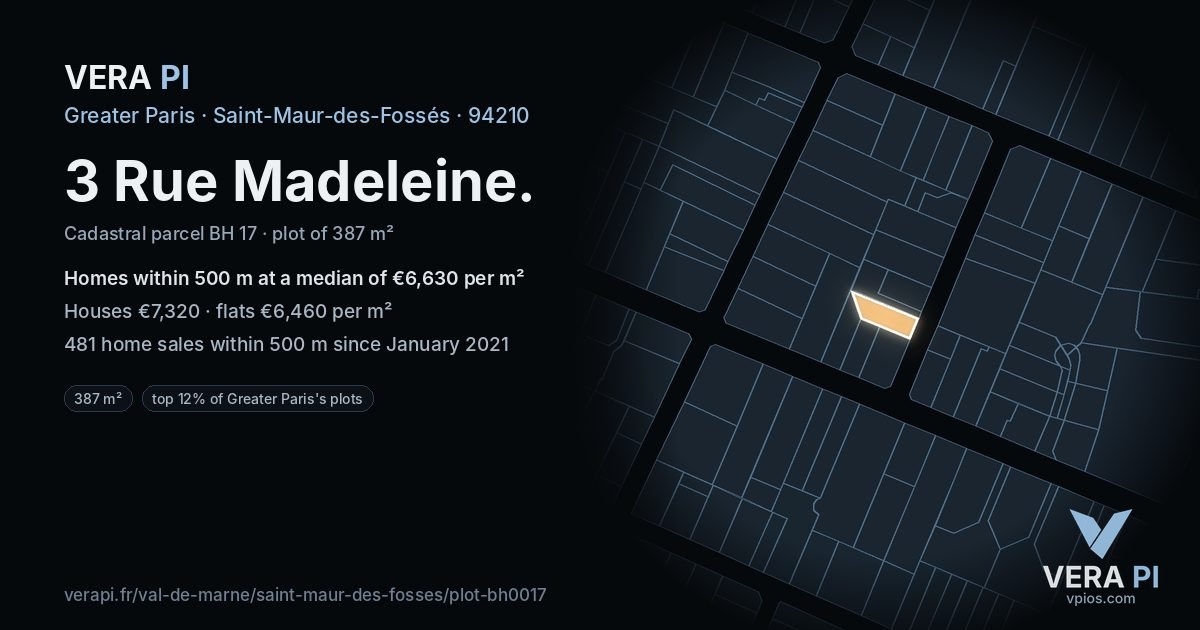 3 Rue Madeleine, Saint-Maur-des-Fossés at night – the plot lit, the parcels around coloured by the prices near them