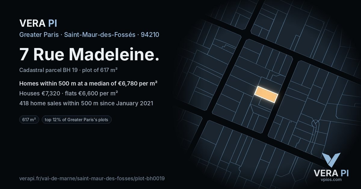 7 Rue Madeleine, Saint-Maur-des-Fossés at night – the plot lit, the parcels around coloured by the prices near them