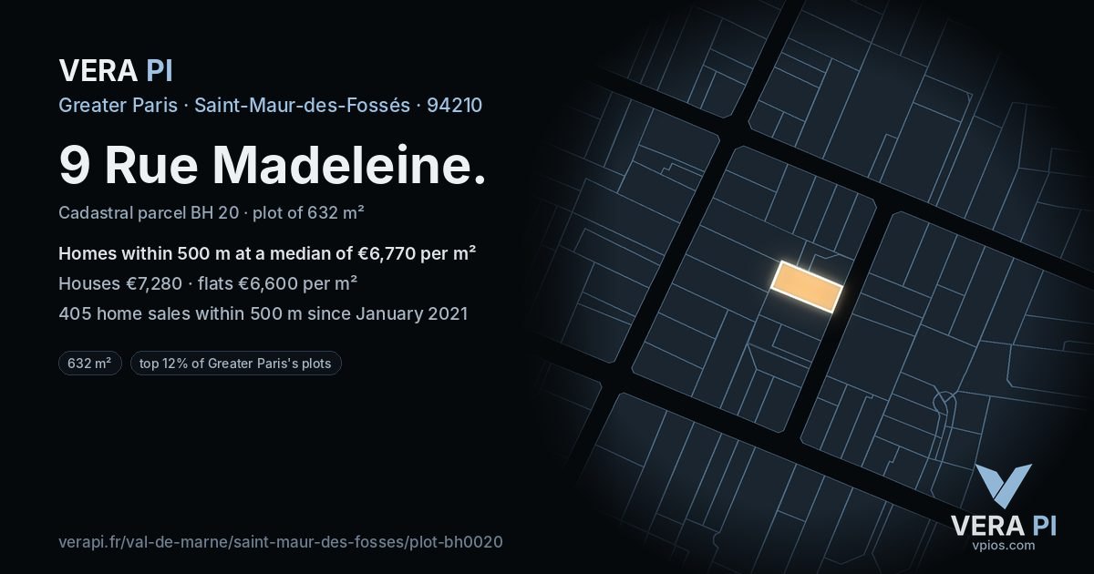 9 Rue Madeleine, Saint-Maur-des-Fossés at night – the plot lit, the parcels around coloured by the prices near them