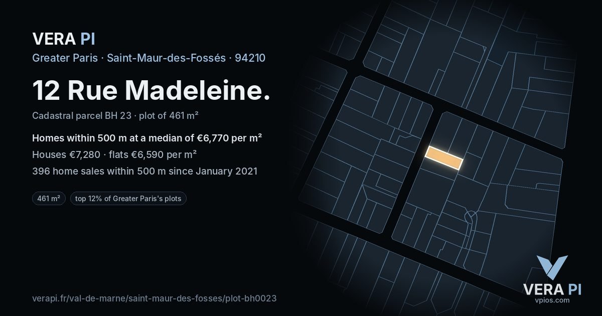 12 Rue Madeleine, Saint-Maur-des-Fossés at night – the plot lit, the parcels around coloured by the prices near them