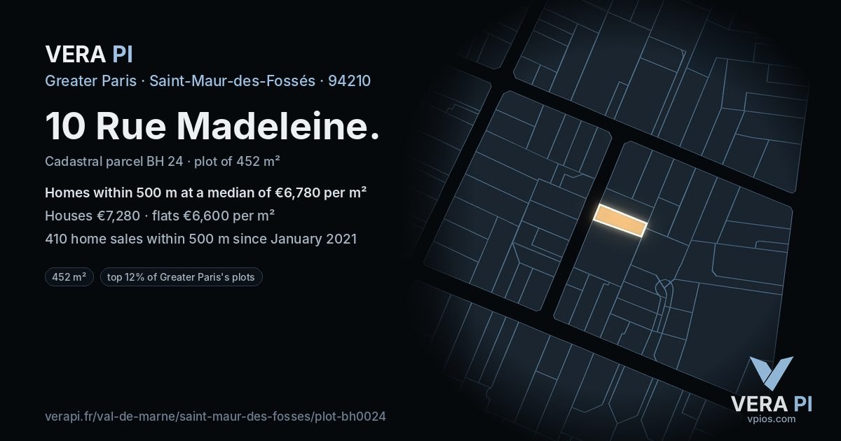 10 Rue Madeleine, Saint-Maur-des-Fossés at night – the plot lit, the parcels around coloured by the prices near them