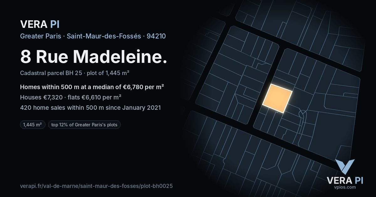 8 Rue Madeleine, Saint-Maur-des-Fossés at night – the plot lit, the parcels around coloured by the prices near them