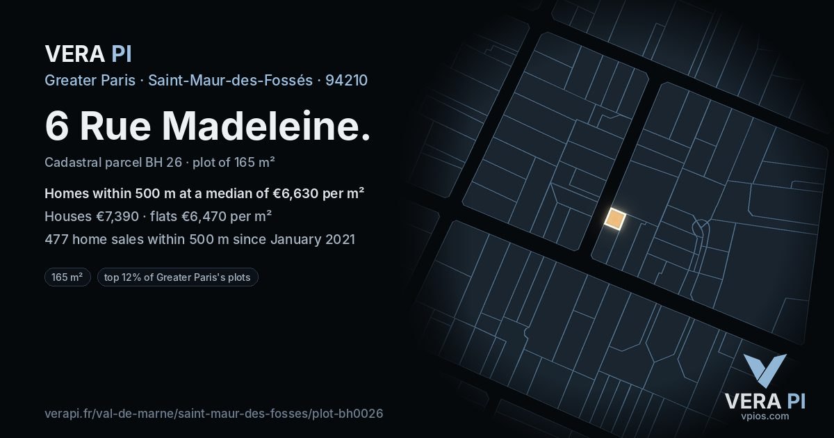 6 Rue Madeleine, Saint-Maur-des-Fossés at night – the plot lit, the parcels around coloured by the prices near them