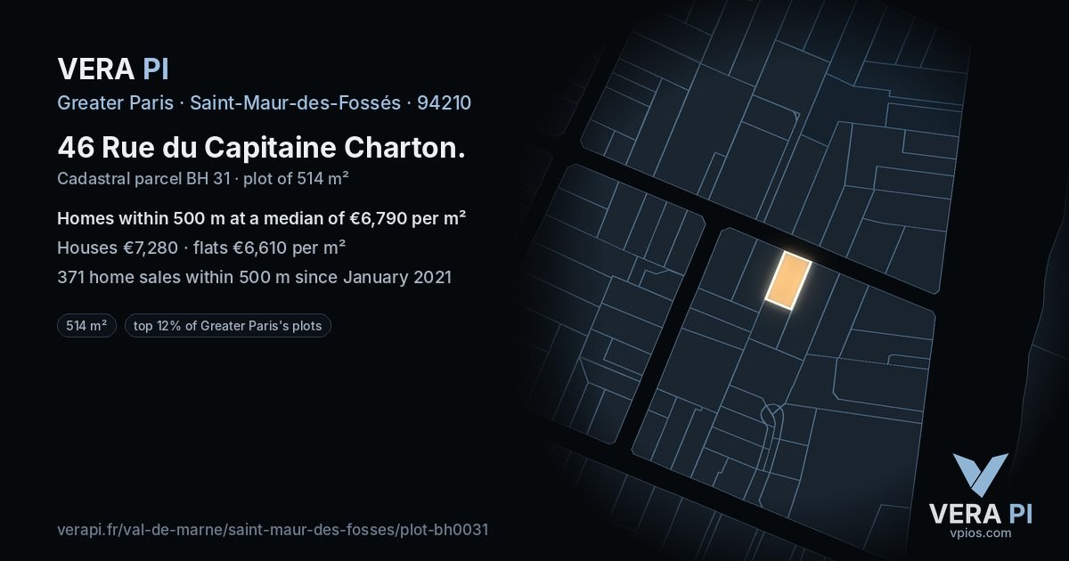 46 Rue du Capitaine Charton, Saint-Maur-des-Fossés at night – the plot lit, the parcels around coloured by the prices near them