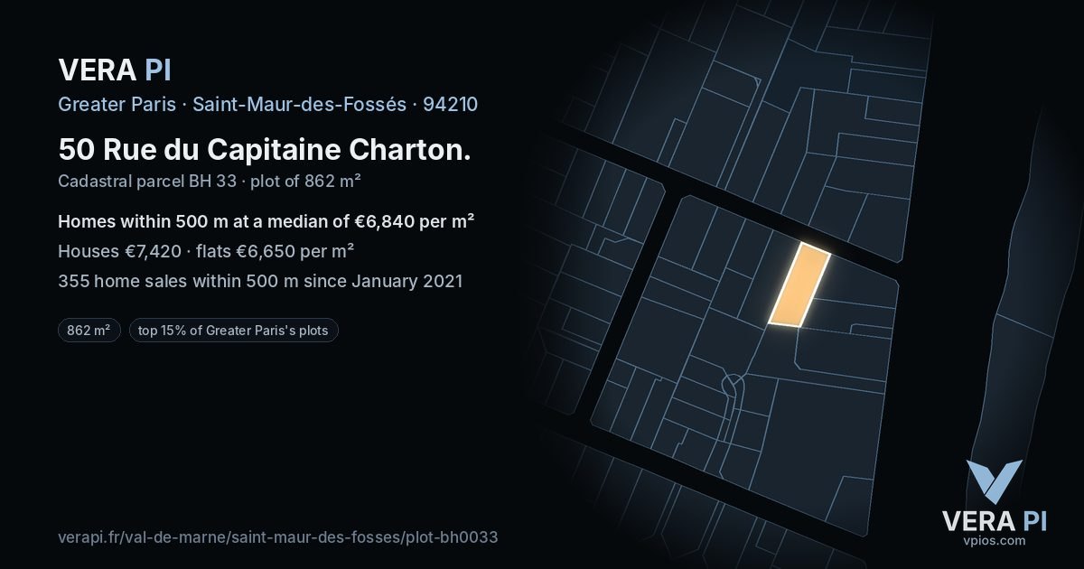 50 Rue du Capitaine Charton, Saint-Maur-des-Fossés at night – the plot lit, the parcels around coloured by the prices near them