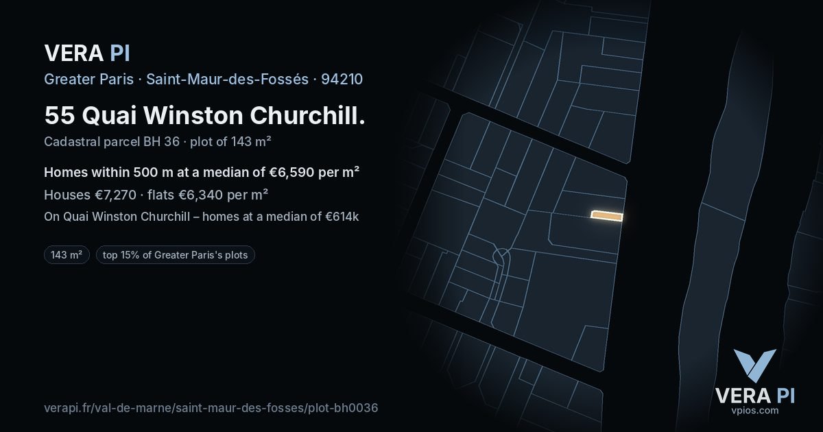 55 Quai Winston Churchill, Saint-Maur-des-Fossés at night – the plot lit, the parcels around coloured by the prices near them